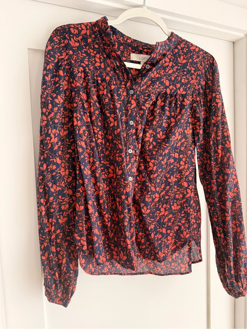 LOFT Navy Button-Front Lightweight Blousy Top with Red Floral Print